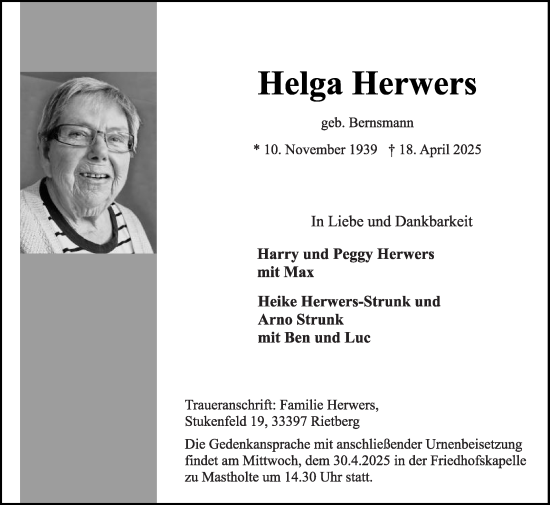 Traueranzeige von Helga Herwers von Die Glocke