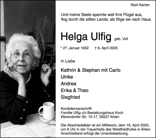Traueranzeige von Helga Ulfig von Die Glocke