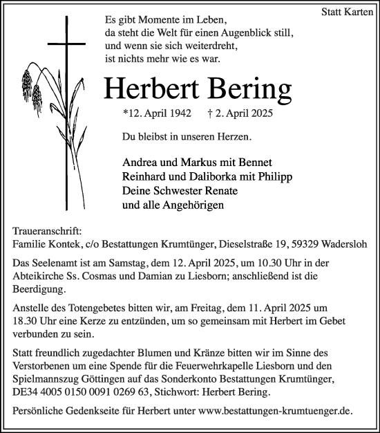 Traueranzeige von Herbert Bering von Die Glocke