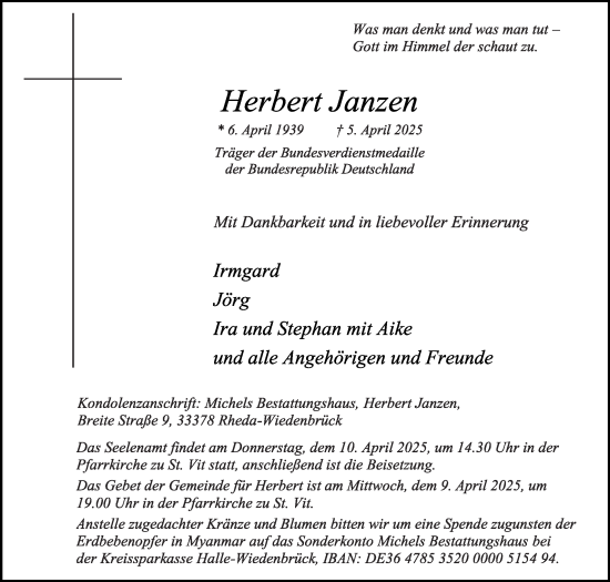 Traueranzeige von Herbert Janzen von Die Glocke