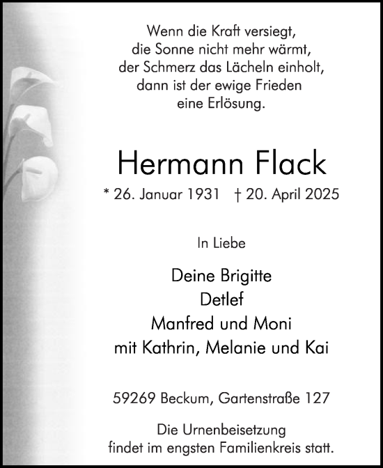 Traueranzeige von Hermann Flack von Die Glocke