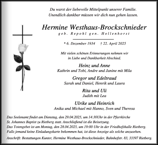 Traueranzeige von Hermine Westhaus-Brockschnieder von Die Glocke