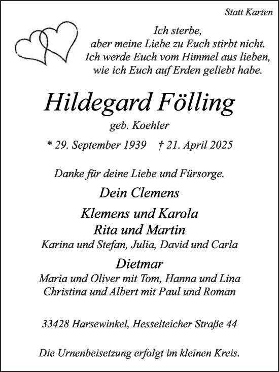 Traueranzeige von Hildegard Fölling von Die Glocke