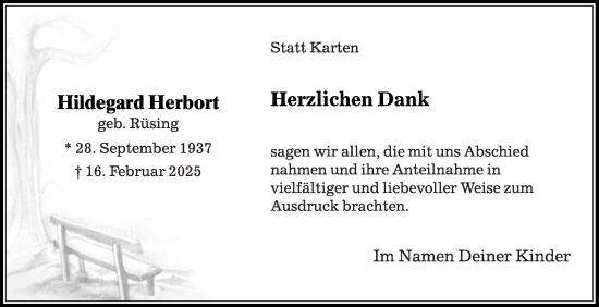 Traueranzeige von Hildegard Herbort von Die Glocke