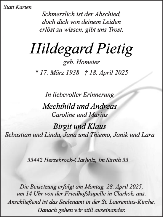 Traueranzeige von Hildegard Pietig von Die Glocke