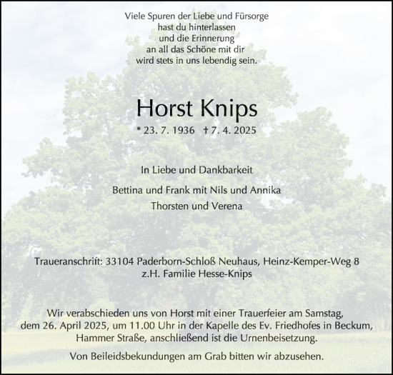 Traueranzeige von Horst Knips von Die Glocke