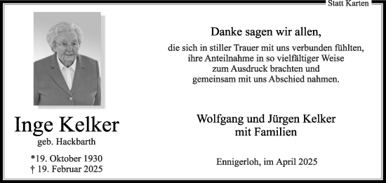 Traueranzeige von Inge Kelker von Die Glocke