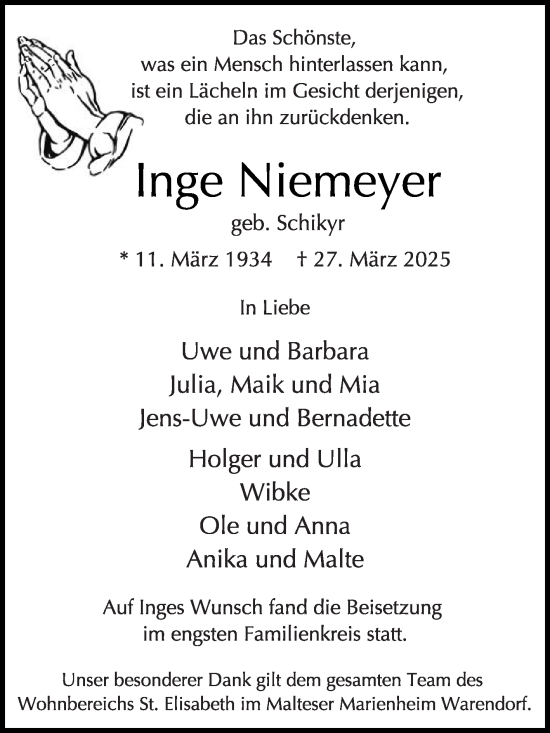 Traueranzeige von Inge Niemeyer von Die Glocke