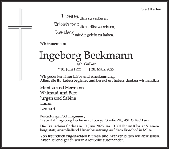 Traueranzeige von Ingeborg Beckmann von Die Glocke