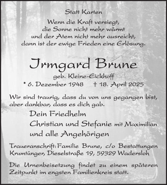 Traueranzeige von Irmgard Brune von Die Glocke