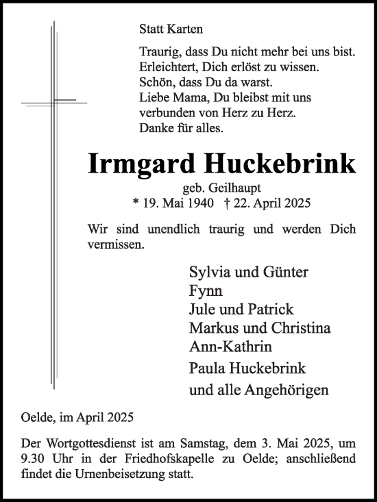 Traueranzeige von Irmgard Huckebrink von Die Glocke