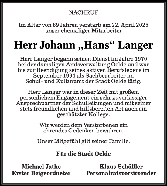 Traueranzeige von Johann  Langer von Die Glocke
