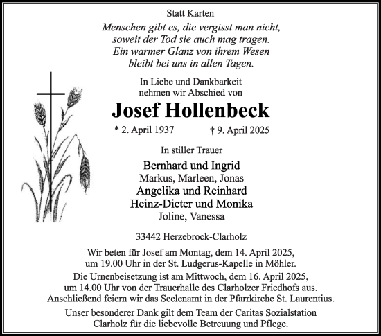 Traueranzeige von Josef Hollenbeck von Die Glocke