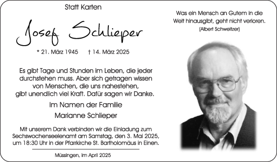 Traueranzeige von Josef Schlieper von Die Glocke