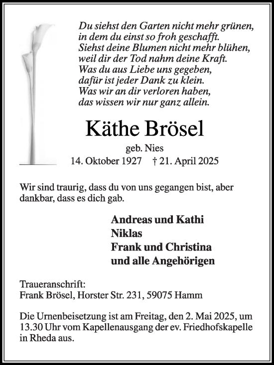 Traueranzeige von Käthe Brösel von Die Glocke