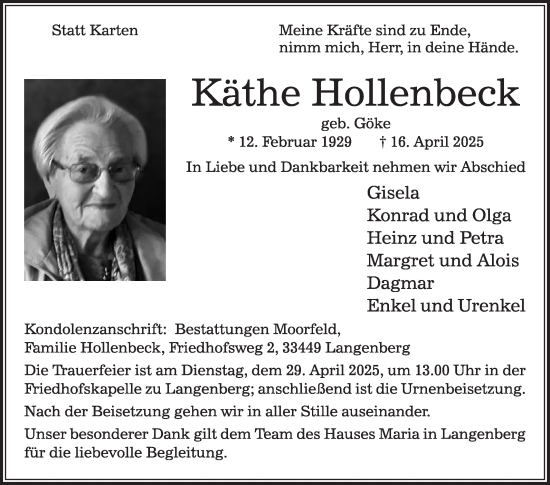 Traueranzeige von Käthe Hollenbeck von Die Glocke