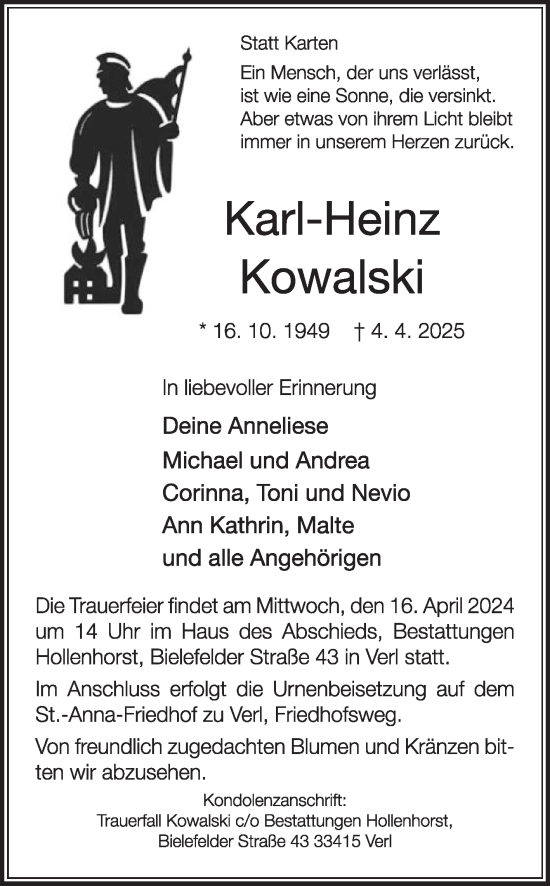 Traueranzeige von Karl-Heinz Kowalski von Die Glocke