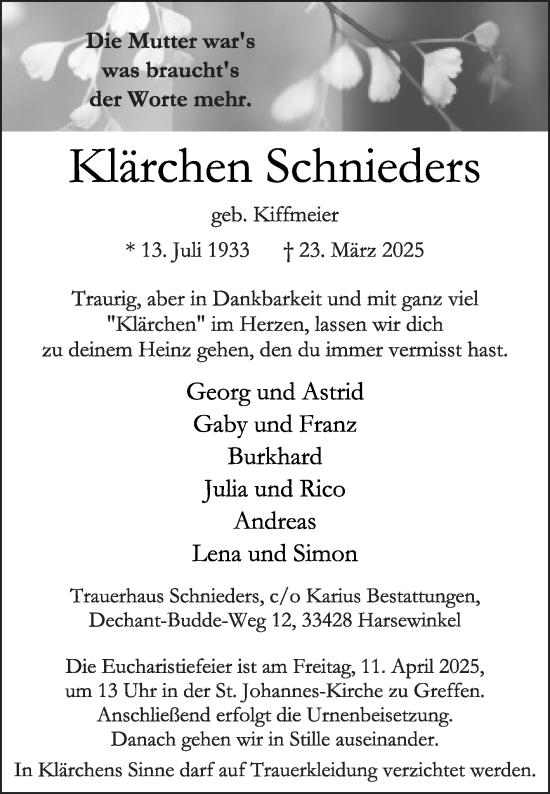 Traueranzeige von Klärchen Schnieders von Die Glocke