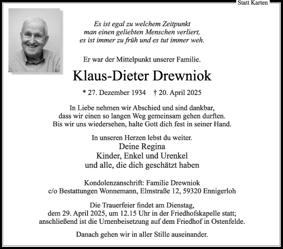 Traueranzeige von Klaus-Dieter Drewniok von Die Glocke