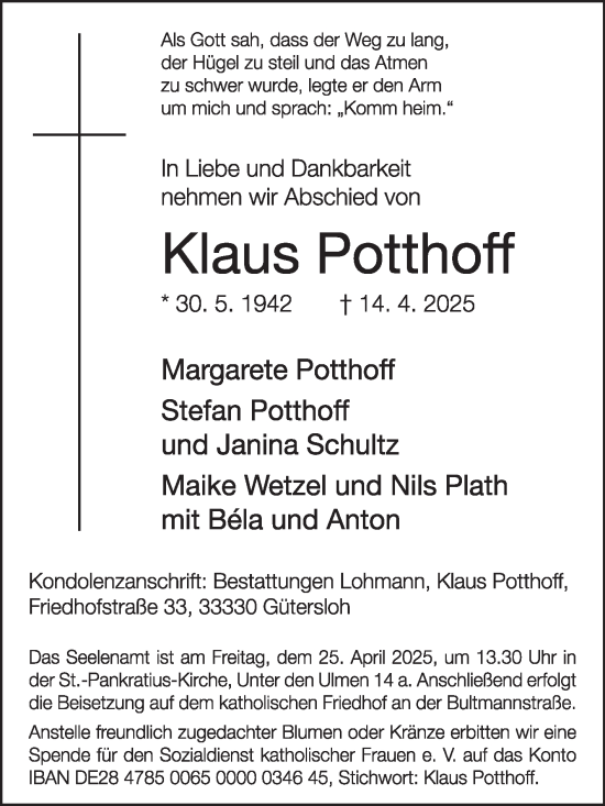 Traueranzeige von Klaus Potthoff von Die Glocke