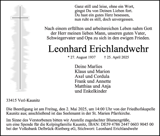 Traueranzeige von Leonhard Erichlandwehr von Die Glocke