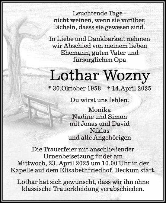 Traueranzeige von Lothar Wozny von Die Glocke