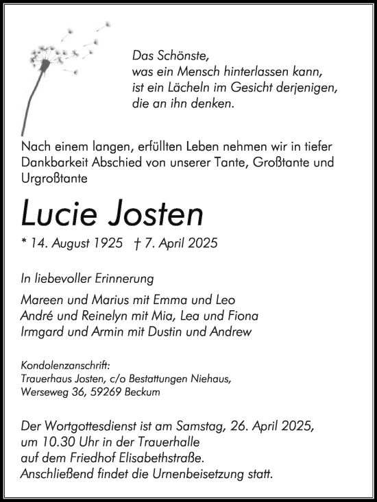 Traueranzeige von Lucie Josten von Die Glocke
