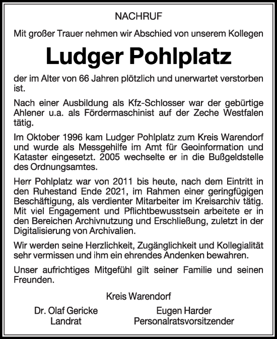 Traueranzeige von Ludger Pohlplatz von Die Glocke