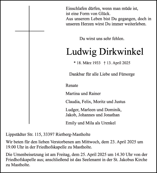 Traueranzeige von Ludwig Dirkwinkel von Die Glocke