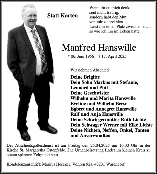 Traueranzeige von Manfred Hanswille von Die Glocke