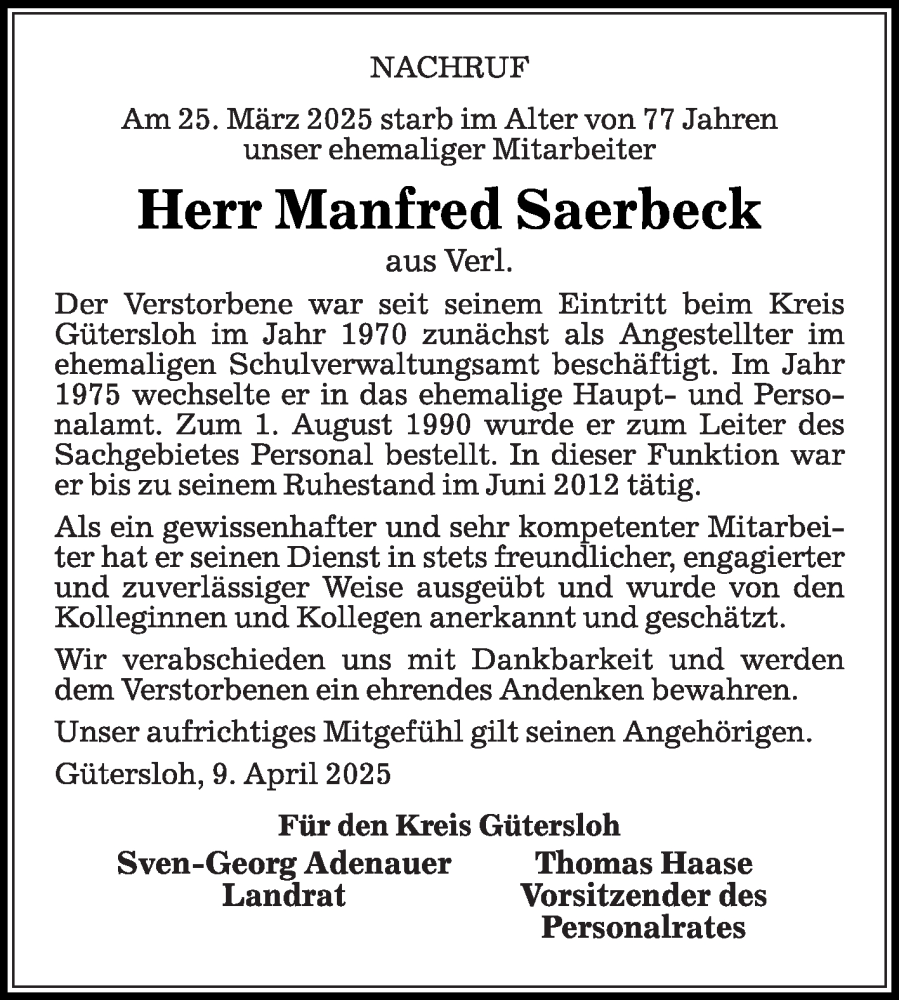 Traueranzeige für Manfred Saerbeck vom 12.04.2025 aus Die Glocke