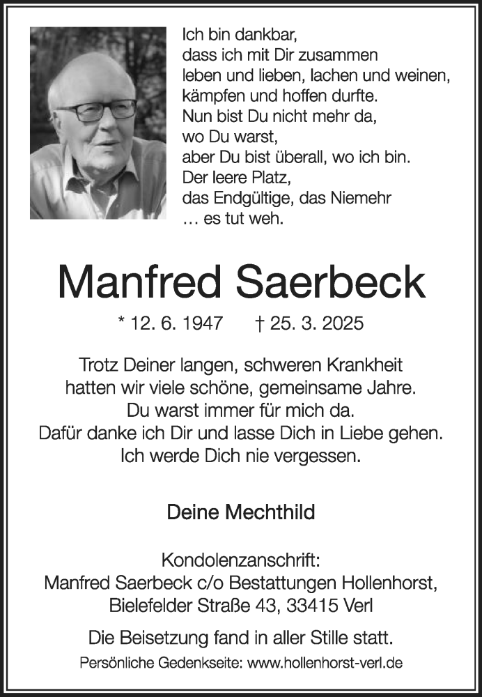  Traueranzeige für Manfred Saerbeck vom 12.04.2025 aus Die Glocke