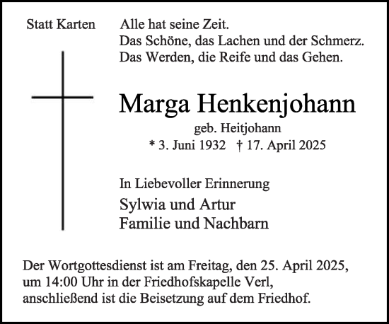 Traueranzeige von Marga Henkenjohann von Die Glocke