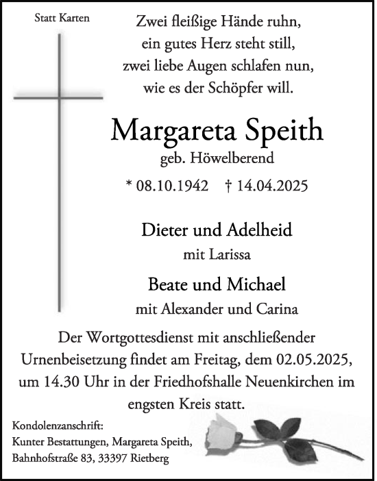 Traueranzeige von Margareta Speith von Die Glocke