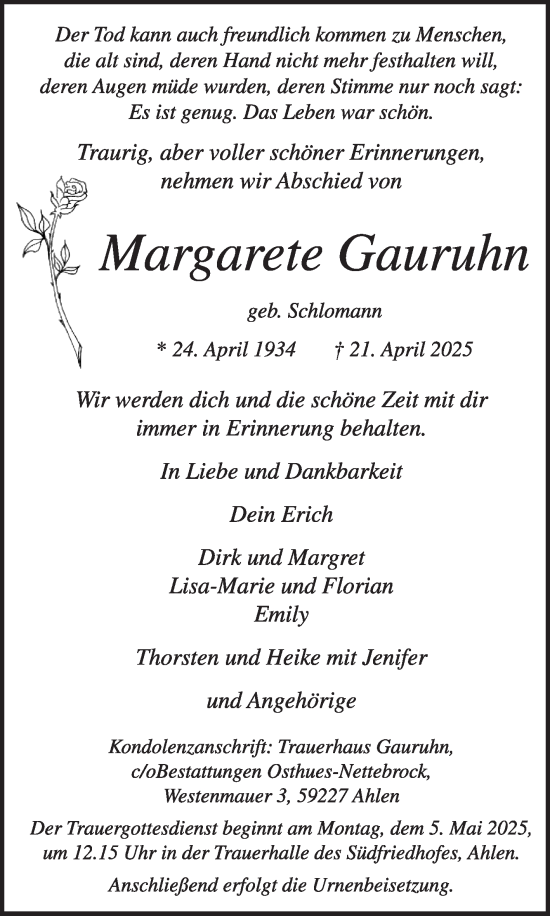 Traueranzeige von Margarete Gauruhn von Die Glocke