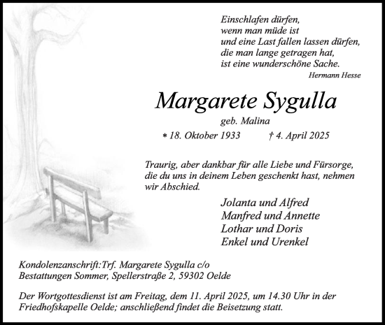 Traueranzeige von Margarete Sygulla von Die Glocke