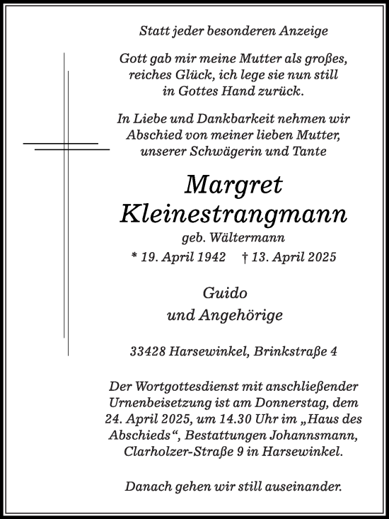Traueranzeige von Margret Kleinestrangmann von Die Glocke