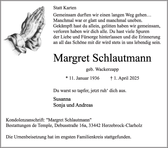 Traueranzeige von Margret Schlautmann von Die Glocke