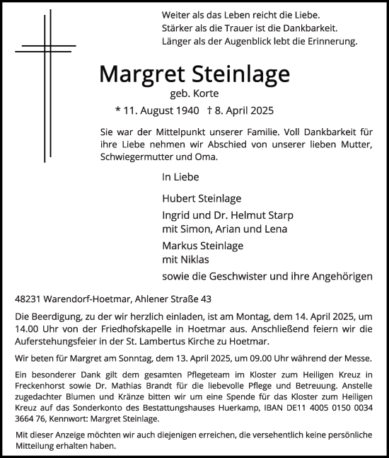 Traueranzeige von Margret Steinlage von Die Glocke
