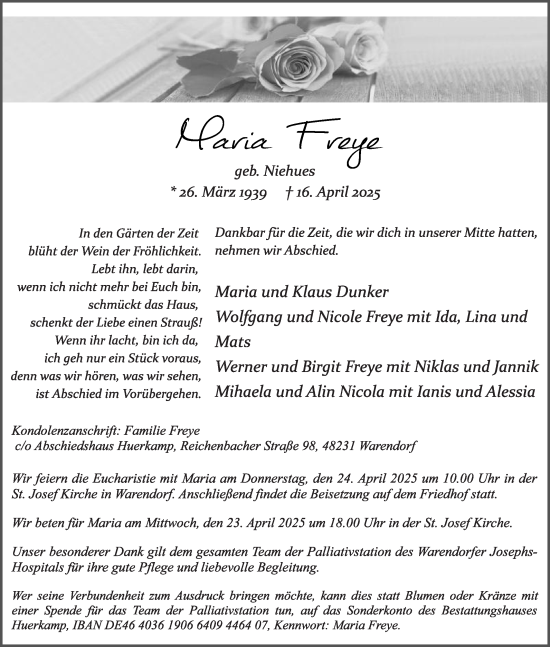 Traueranzeige von Maria Freye von Die Glocke