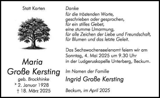 Traueranzeige von Maria Große Kersting von Die Glocke