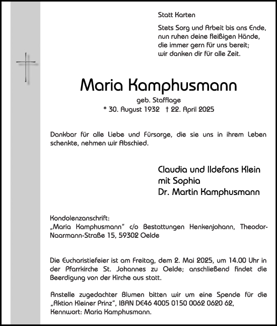 Traueranzeige von Maria Kamphusmann von Die Glocke