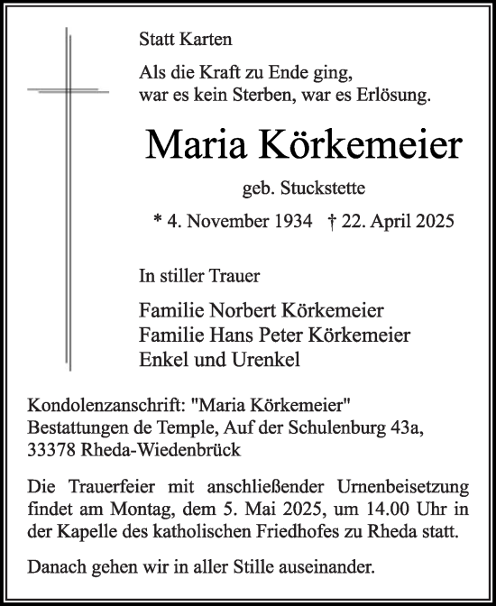Traueranzeige von Maria Körkemeier von Die Glocke