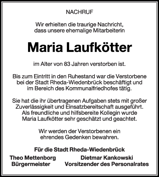 Traueranzeige von Maria Laufkötter von Die Glocke