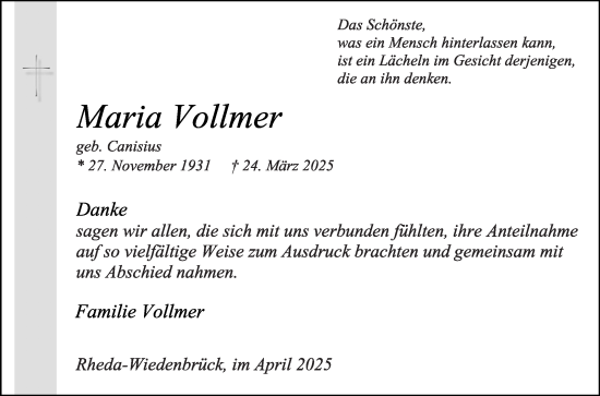 Traueranzeige von Maria Vollmer von Die Glocke