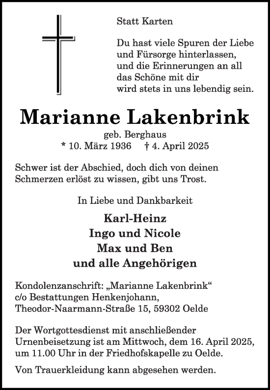 Traueranzeige von Marianne Lakenbrink von Die Glocke