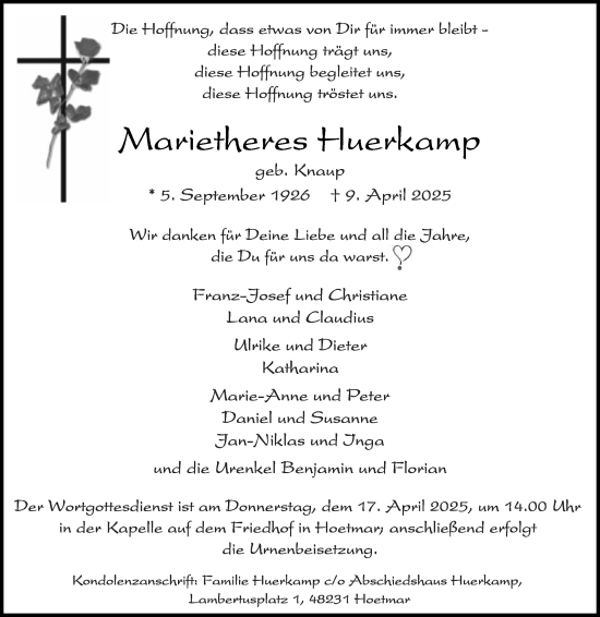 Traueranzeige von Marietheres Huerkamp von Die Glocke