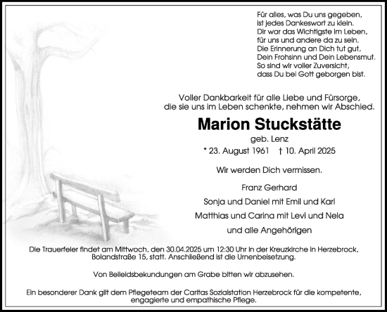 Traueranzeige von Marion Stuckstatte von Die Glocke