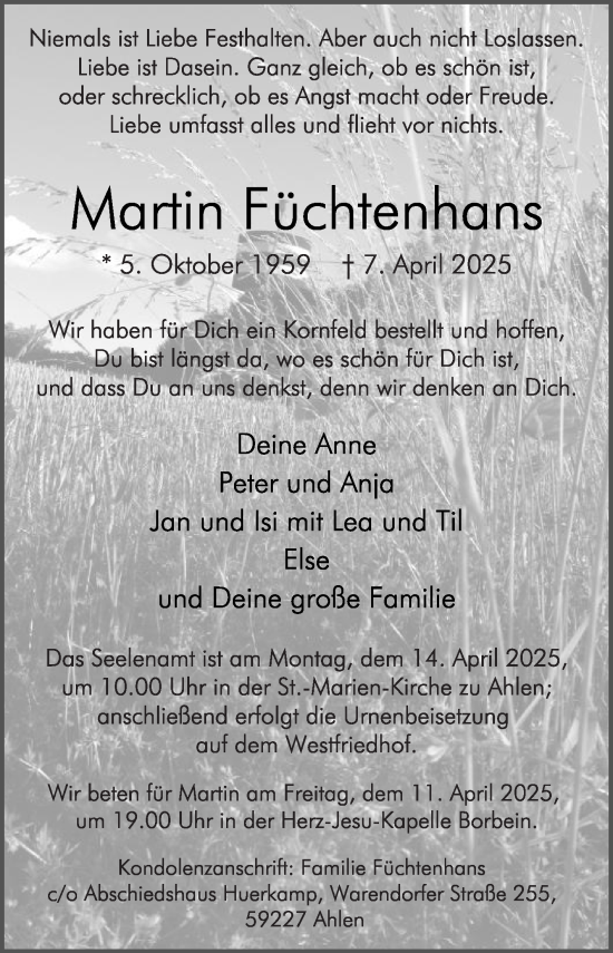 Traueranzeige von Martin Füchtenhans von Die Glocke