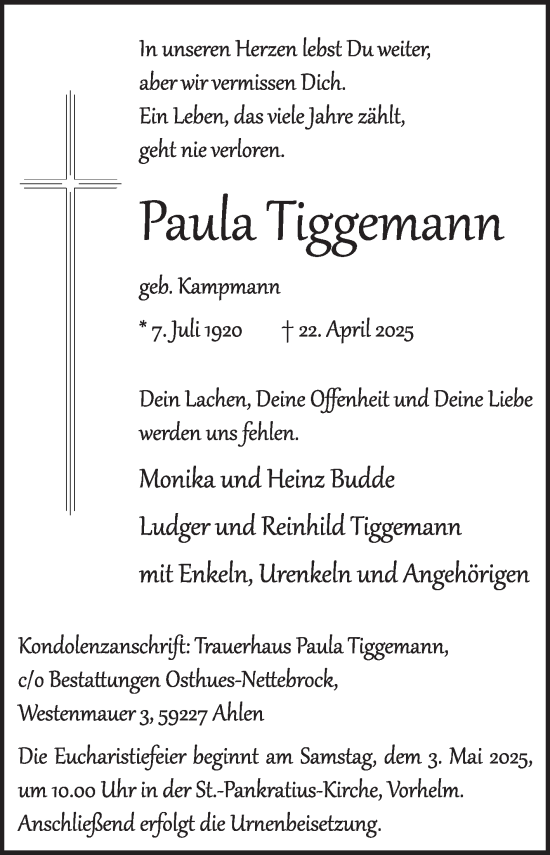 Traueranzeige von Paula Tiggemann von Die Glocke